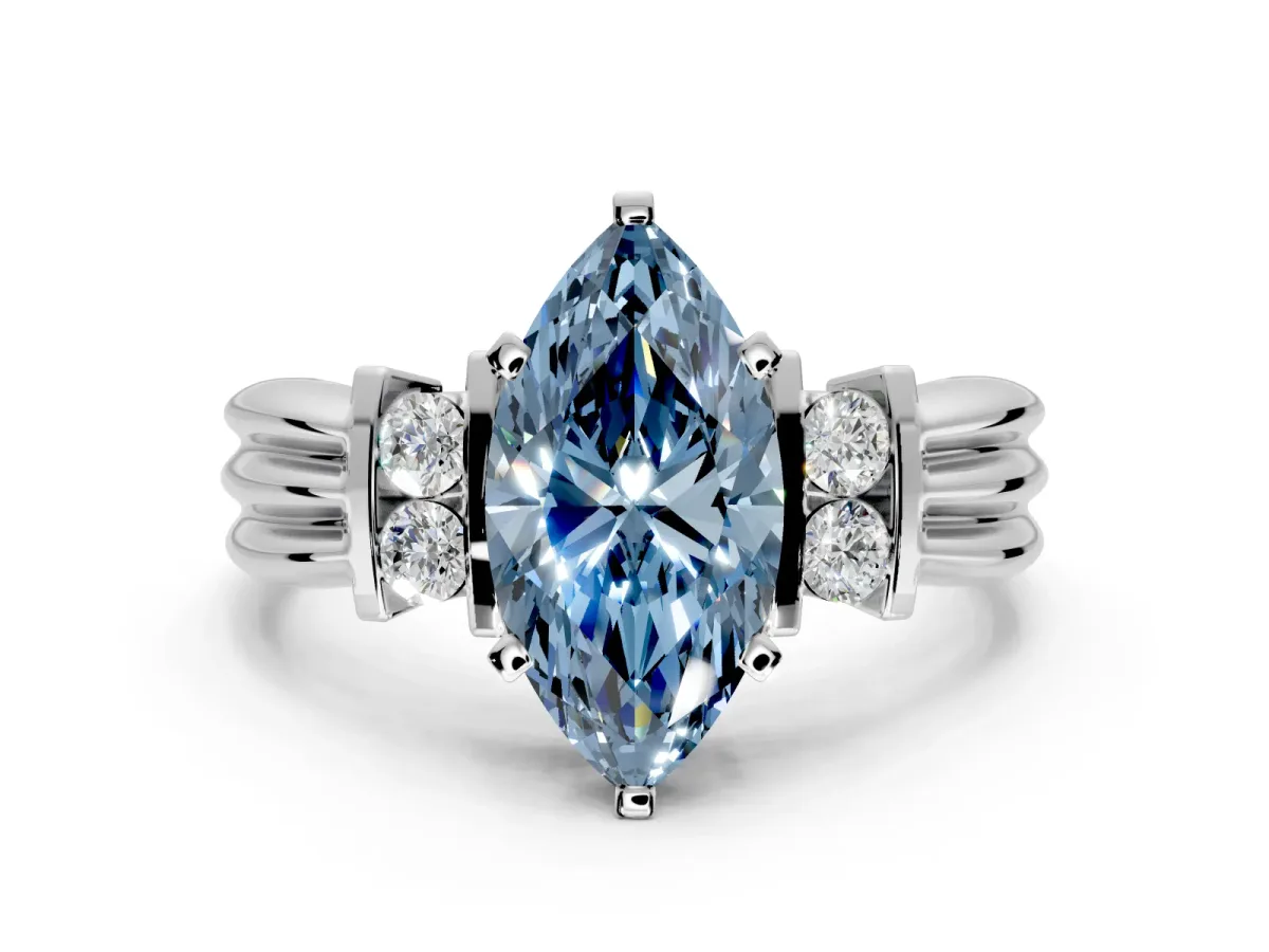 Solitaire Engagement Ring Setting for Fancy Blue Marquise Center with Grooved Bar Accent Band and Prong Head in Platinum