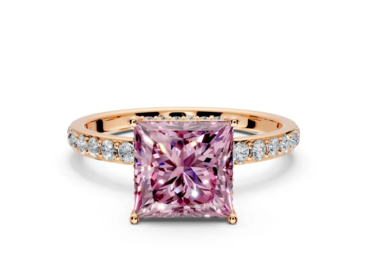 Hidden Halo Engagement Ring Setting for Fancy Pink Princess Cut Center with Pave Band and Prong Head in Rose Gold