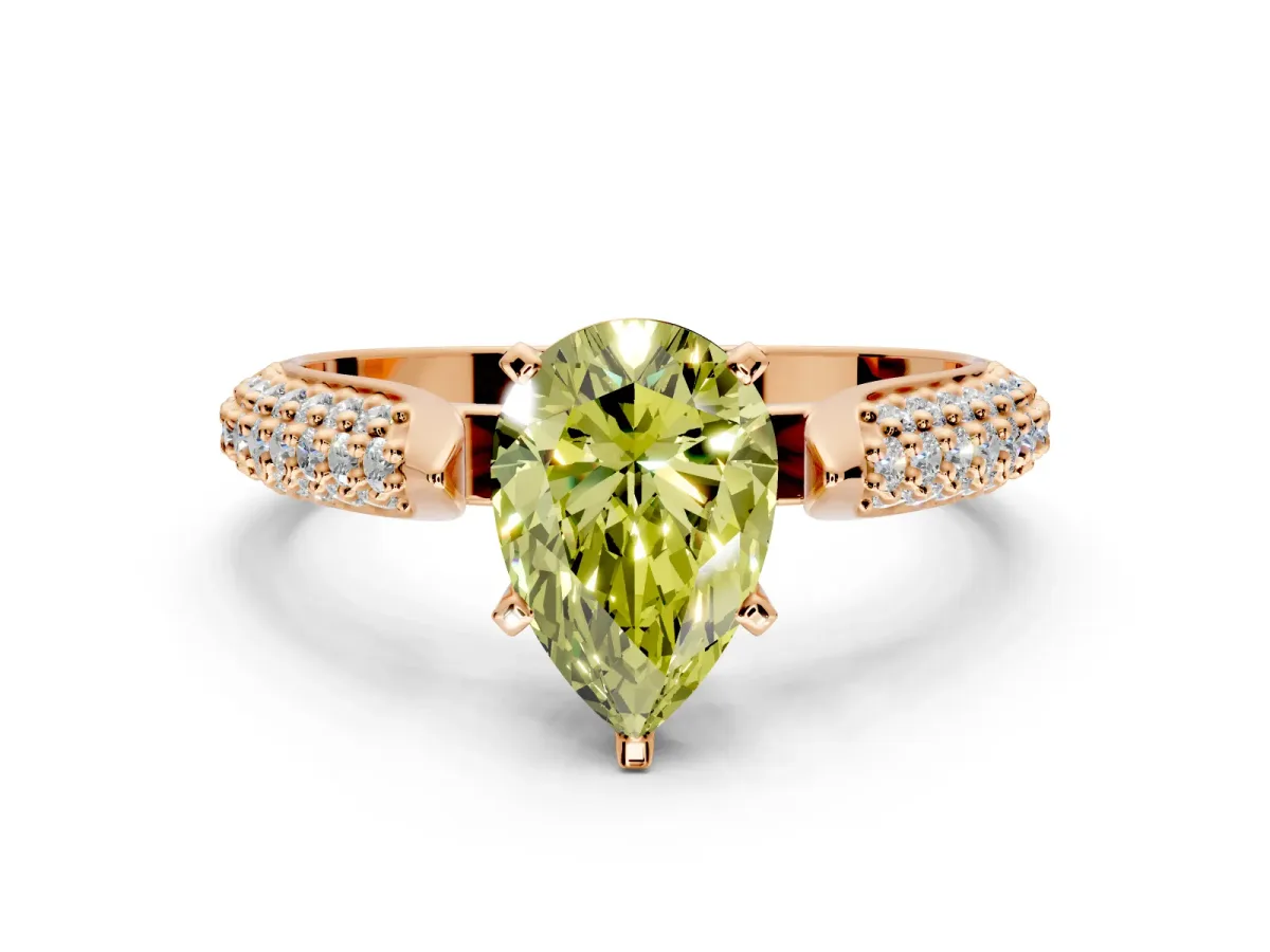 Solitaire Engagement Ring Setting for Fancy Yellow Pear-Shaped Center with Multi-Row Accents and Prong Head in Rose Gold