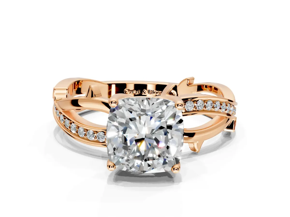Solitaire Engagement Ring Setting for Cushion Cut Center with Pave and Plain Crossover Band and Prong Head in Rose Gold