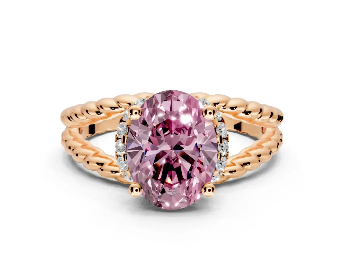 Halo Engagement Ring Setting for Fancy Pink Oval Center with Rope Twist Split Shank and Prong Head in Rose Gold