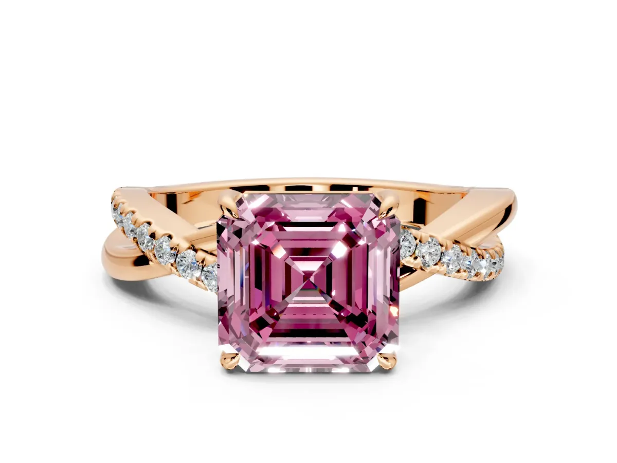 Crossover Engagement Ring Setting for Fancy Pink Asscher Cut Center with Pave and Plain Strands and Prong Head in Rose Gold