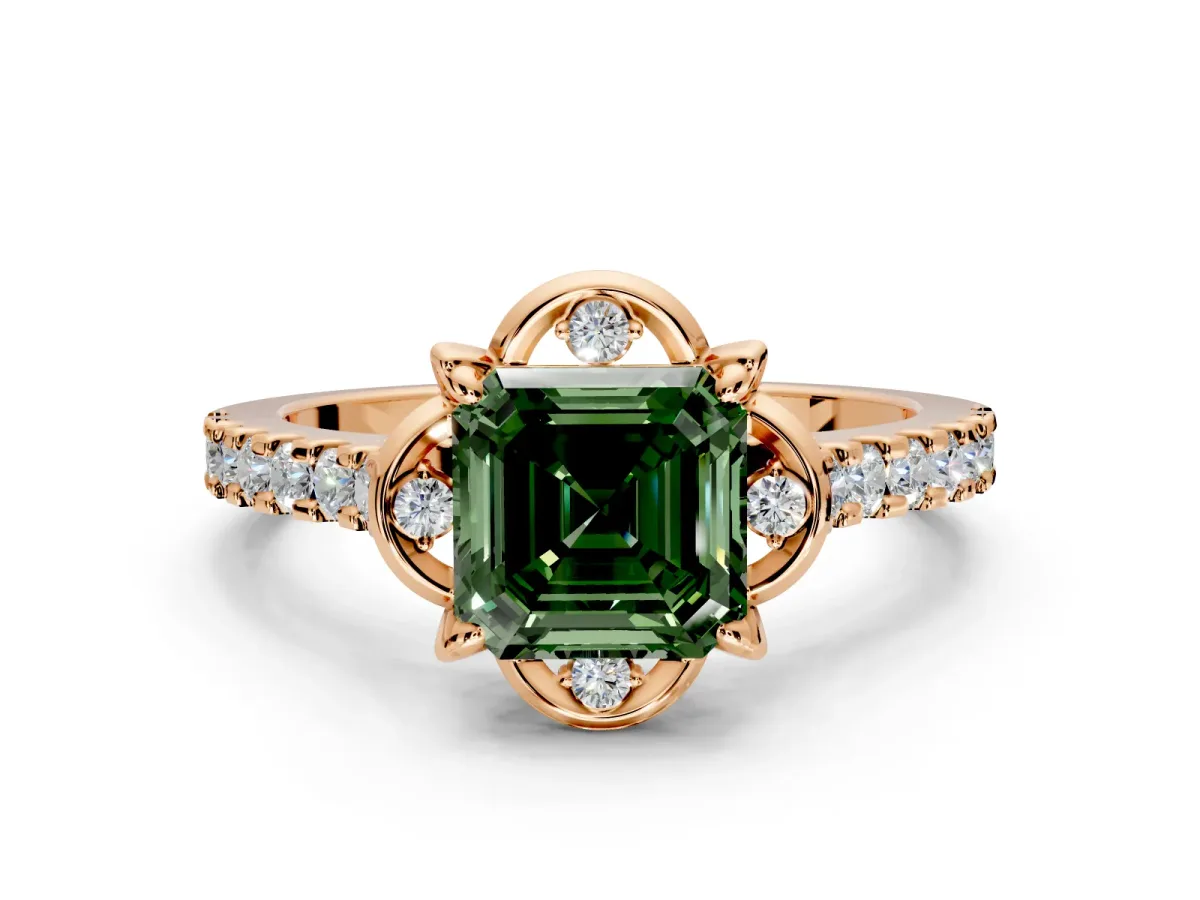 Floral Engagement Ring Setting for Fancy Green Asscher Cut Center with Pave Band and Floral Prong Head in Rose Gold