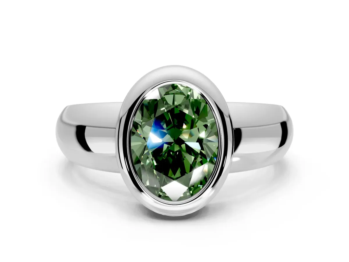 Solitaire Engagement Ring Setting for Fancy Green Oval Center with Wide Band and Bezel Head in White Gold