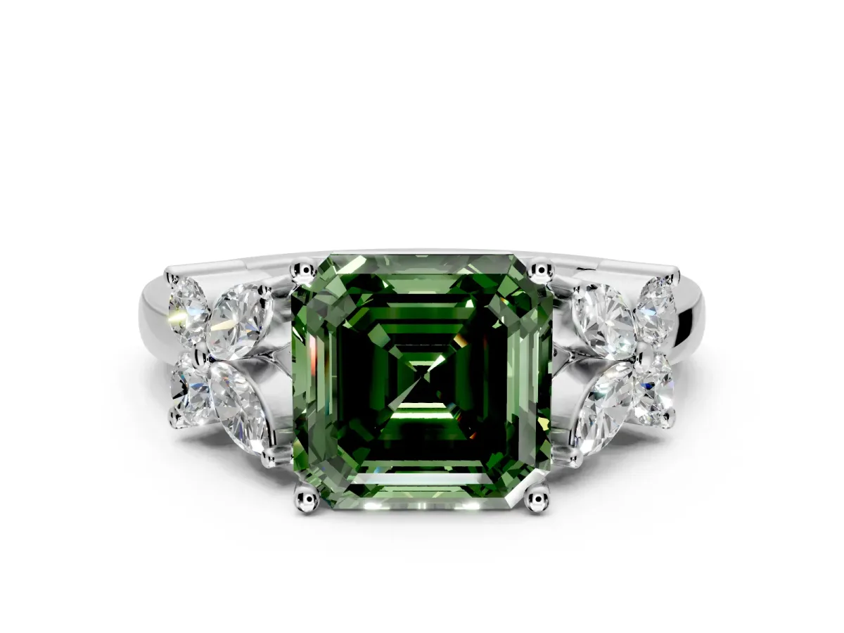 Floral Engagement Ring Setting for Fancy Green Princess Cut Center with Marquise Cluster Shoulders and Prong Head in Sterling Silver