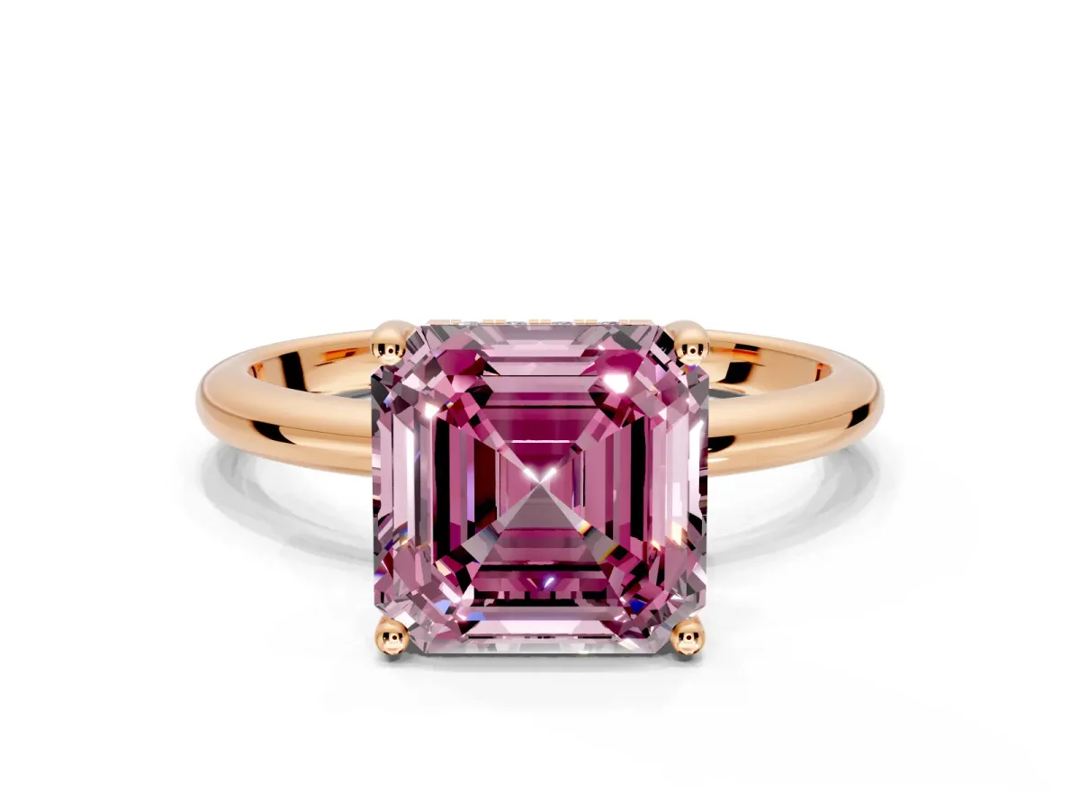 Hidden Halo Engagement Ring Setting for Fancy Pink Asscher Cut Center with Thin Round-Wire Band and Prong Head in Rose Gold