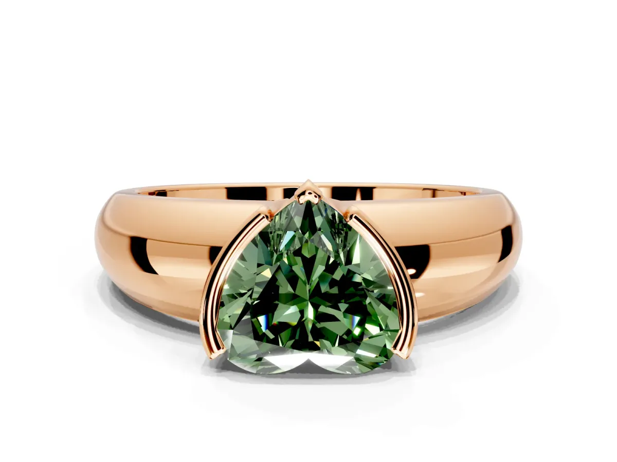Tension Engagement Ring Setting for Fancy Green Heart-Shaped Center with Wide Flat Band and Tension Head in Rose Gold