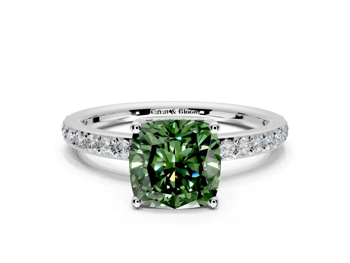 Solitaire Engagement Ring Setting for Fancy Green Cushion Cut Center with Fine Pave Band and Prong Head in Sterling Silver