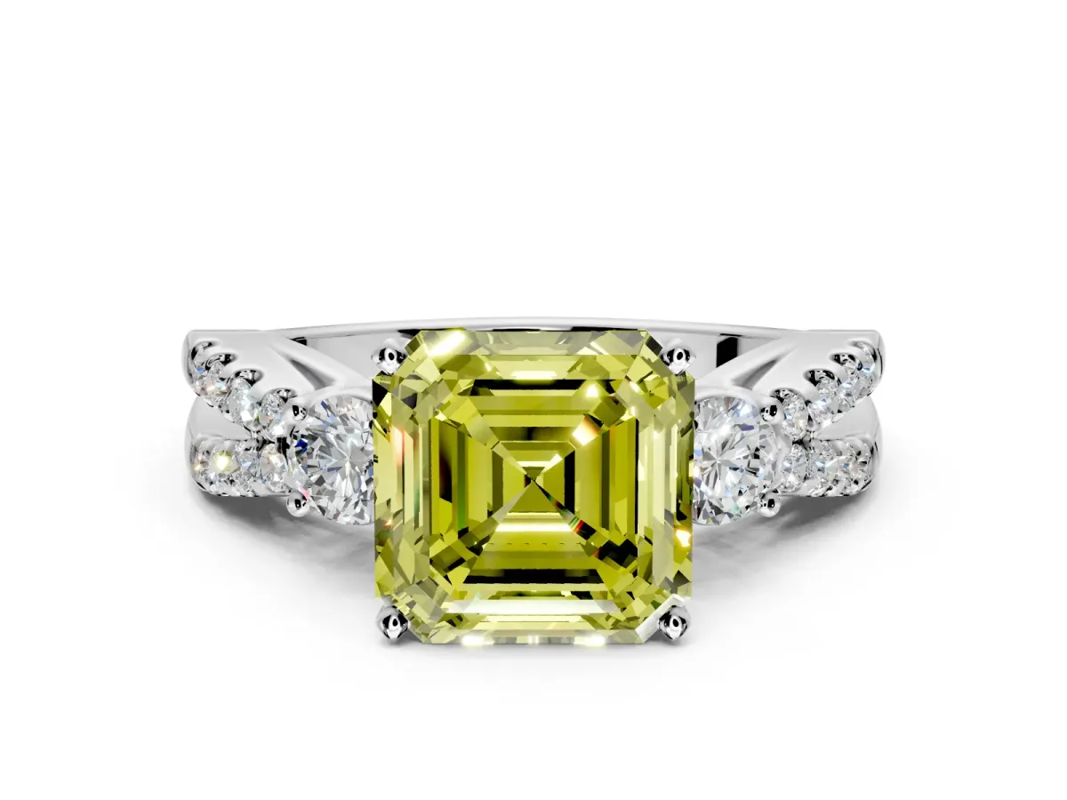 3 Stone Engagement Ring Setting for Fancy Yellow Asscher Cut Center with Pave Split Shank and Prong Head in Platinum