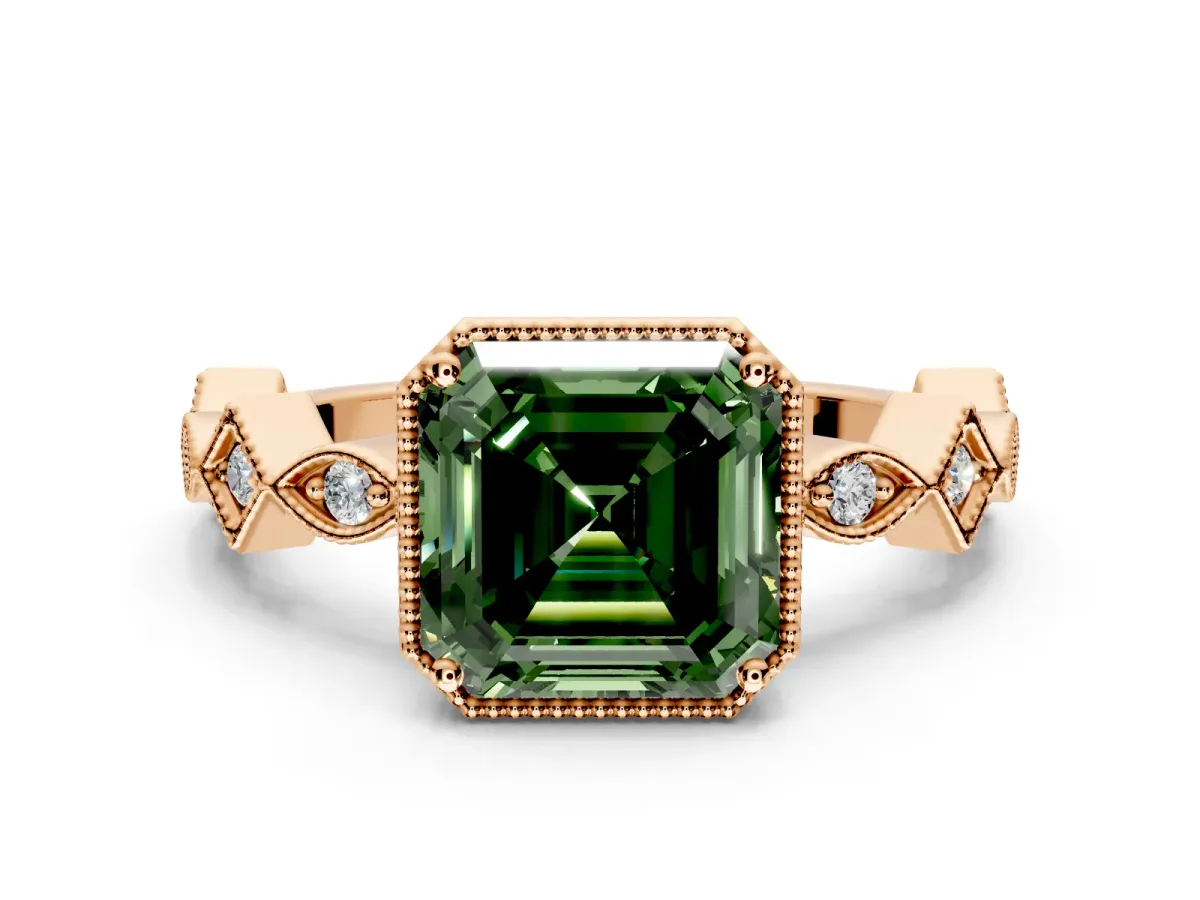 Milgrain Bezel Engagement Ring Setting for Fancy Green Asscher Cut Center with Marquise Stations and Bezel Head in Rose Gold