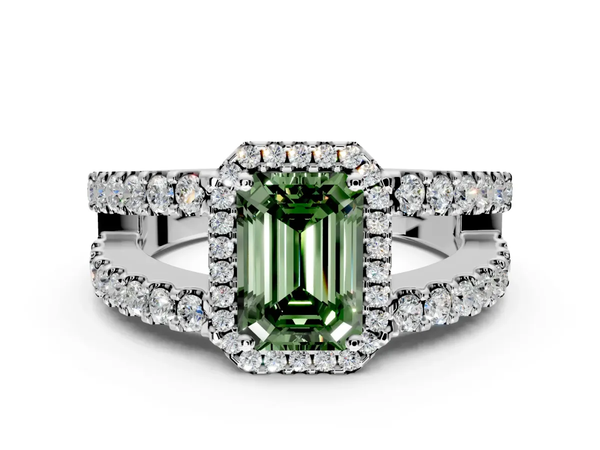Halo Engagement Ring Setting for Fancy Green Emerald Cut Center with Wide-Open Pave Split Shank and Prong Head in Sterling Silver