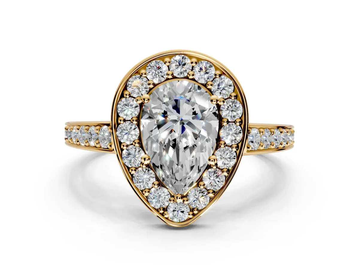 Bezel-Framed Halo Engagement Ring Setting for Pear-Shaped Center with Pave Band and Prong Head in Yellow Gold