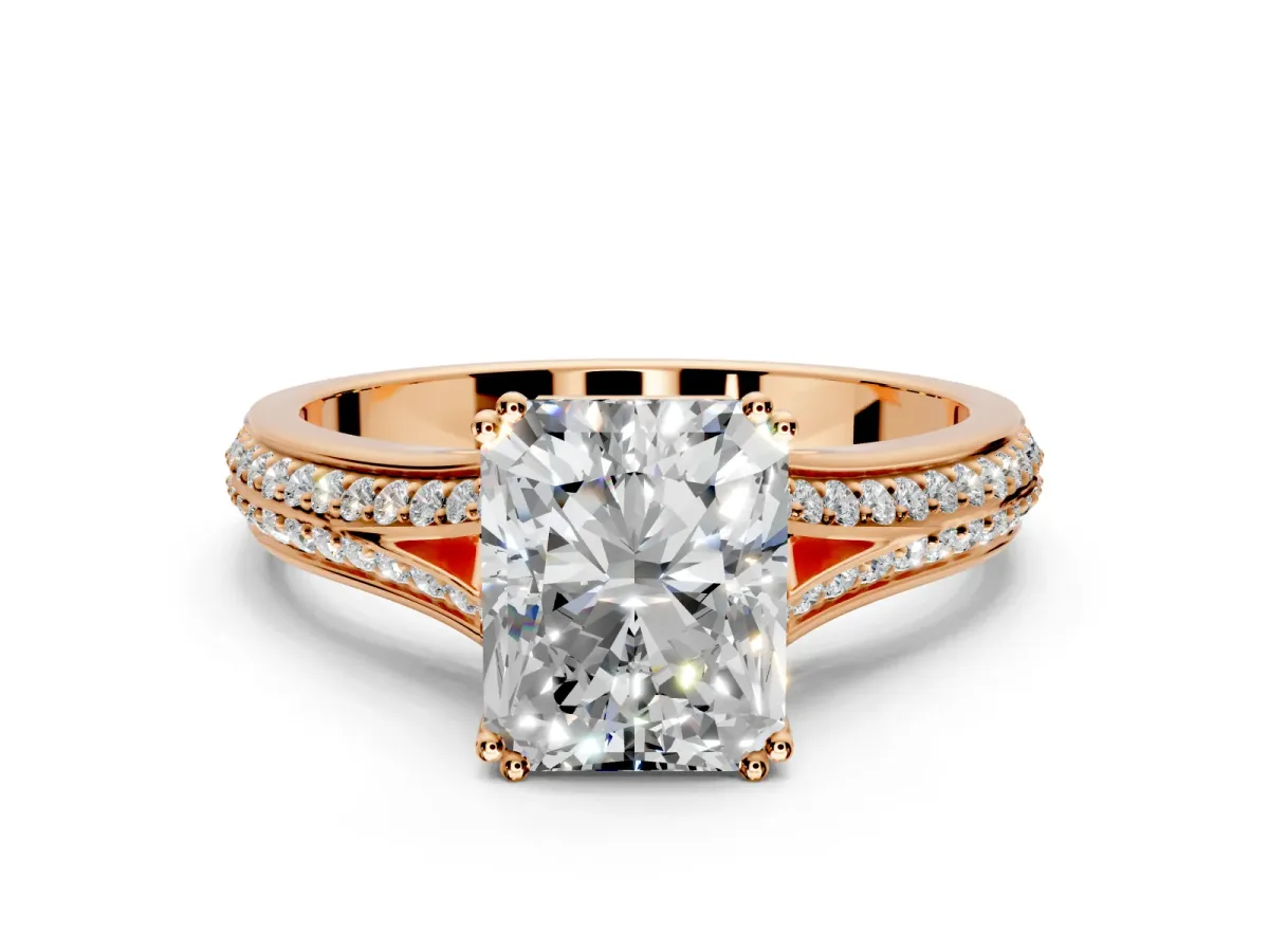 Solitaire Engagement Ring Setting for Radiant Cut Center with Pave Rail Split Shank and Prong Head in Rose Gold