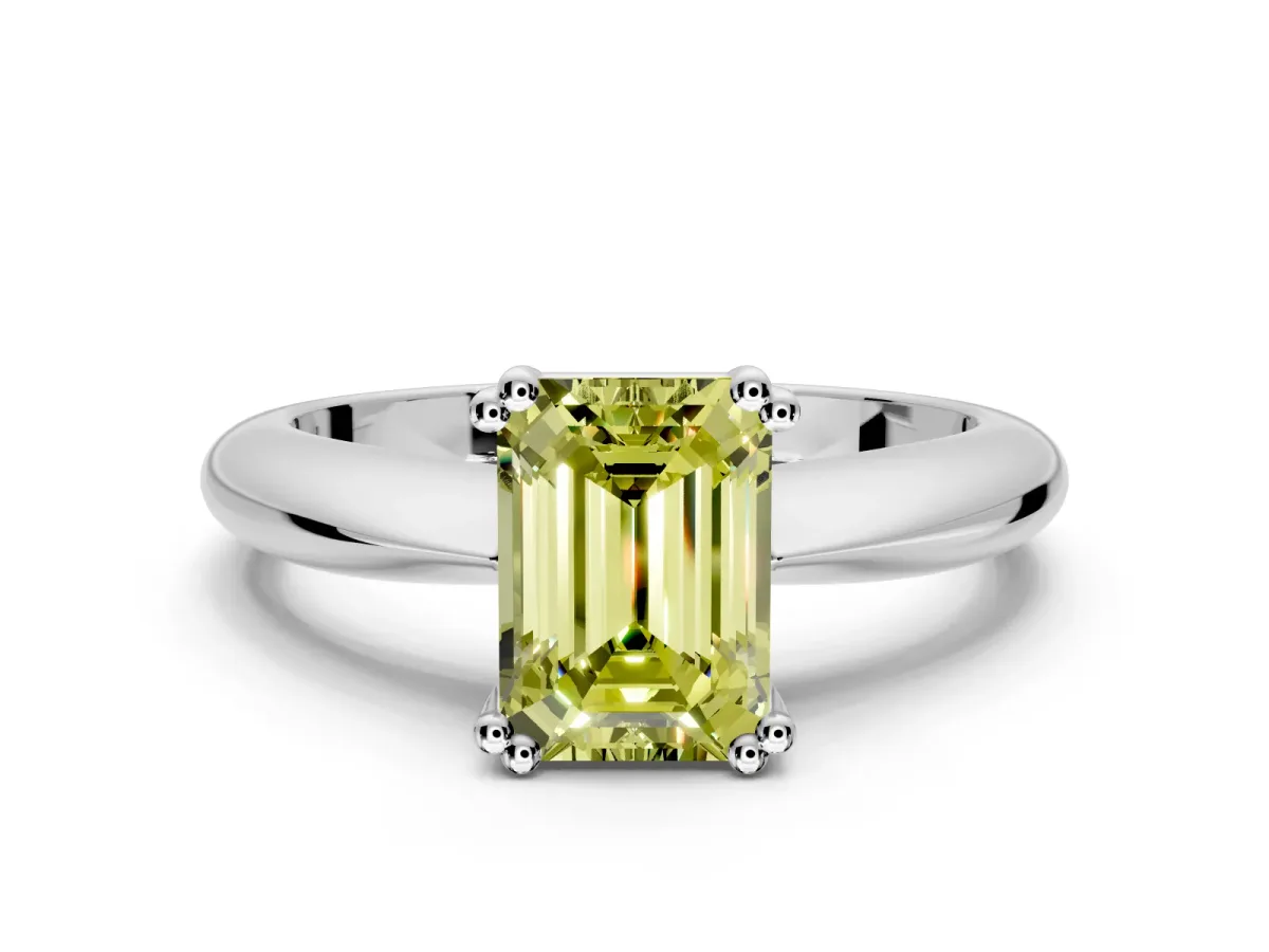 Solitaire Engagement Ring Setting for Fancy Yellow Emerald Cut Center with Reverse Tapered Band and Prong Head in Platinum