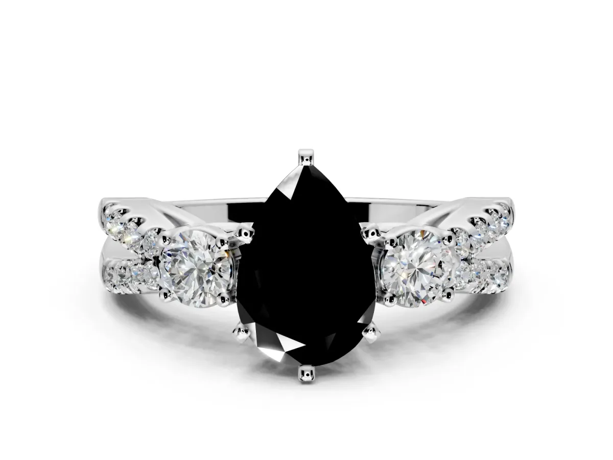 3 Stone Engagement Ring Setting for Fancy Black Pear-Shaped Center with Pave Split Shank and Prong Head in Sterling Silver