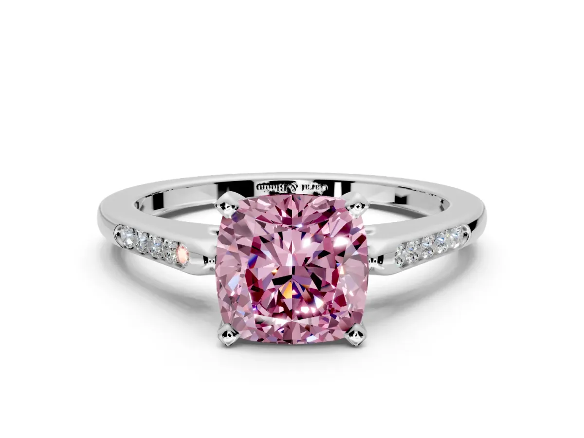 Solitaire Engagement Ring Setting for Fancy Pink Cushion Cut Center with Channel Accents and Prong Head in Platinum