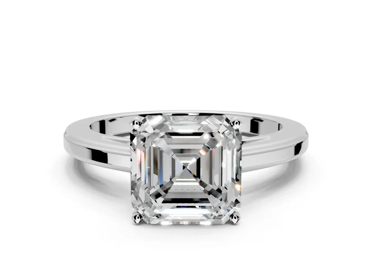 Solitaire Engagement Ring Setting for Asscher Cut Center with Flat-Sided Plain Band and Prong Head in White Gold