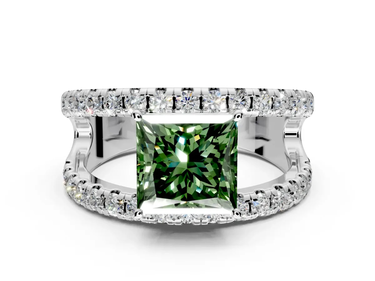Solitaire Engagement Ring Setting for Fancy Green Princess Cut Center with Wide-Open Split Shank and Prong Head in White Gold