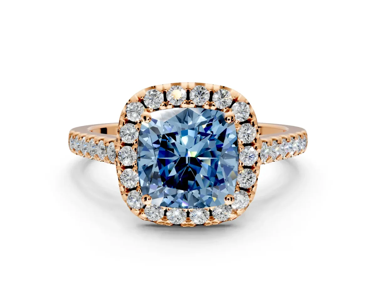 Halo Engagement Ring Setting for Fancy Blue Cushion Cut Center with Raised Halo, Pave Band and Prong Head in Rose Gold