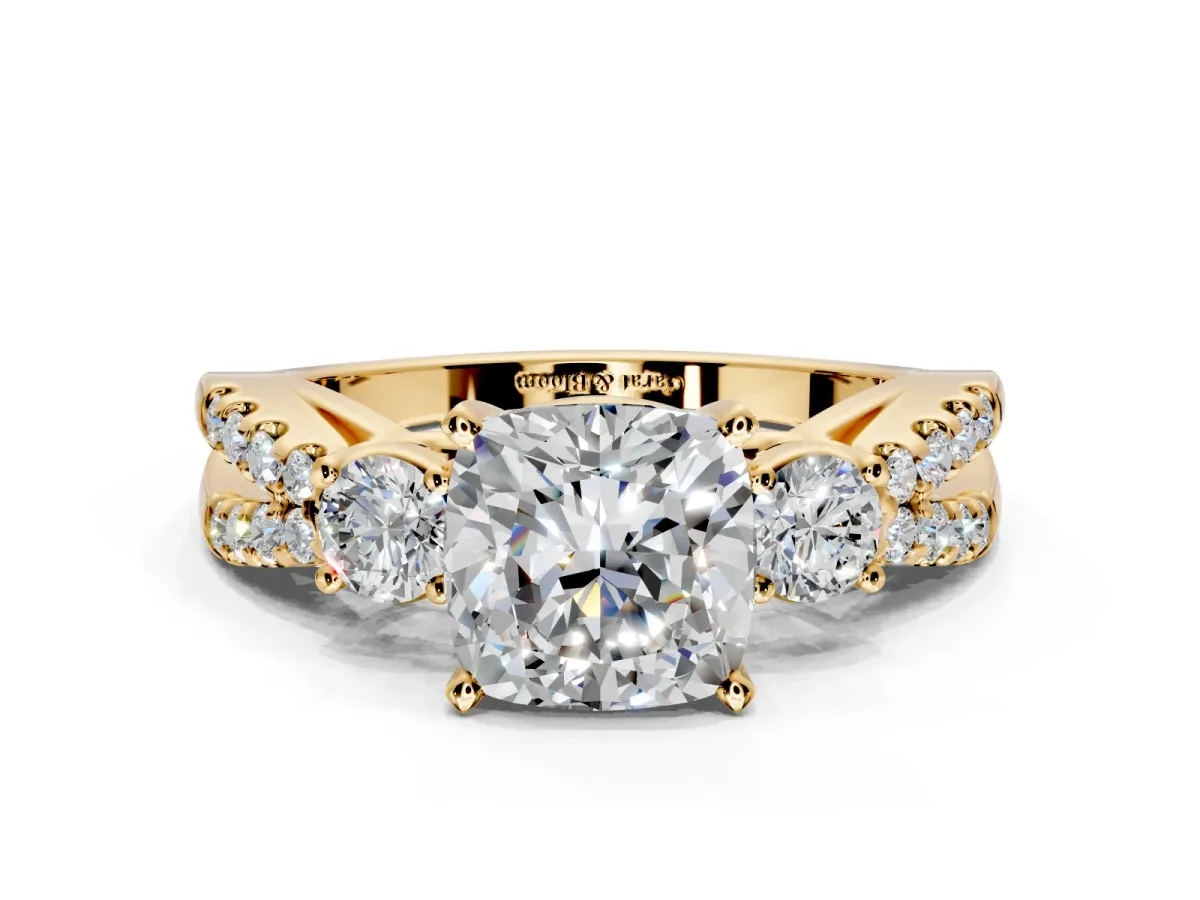 3 Stone Engagement Ring Setting for Cushion Cut Center with Pave Split Shank and Prong Head in Yellow Gold