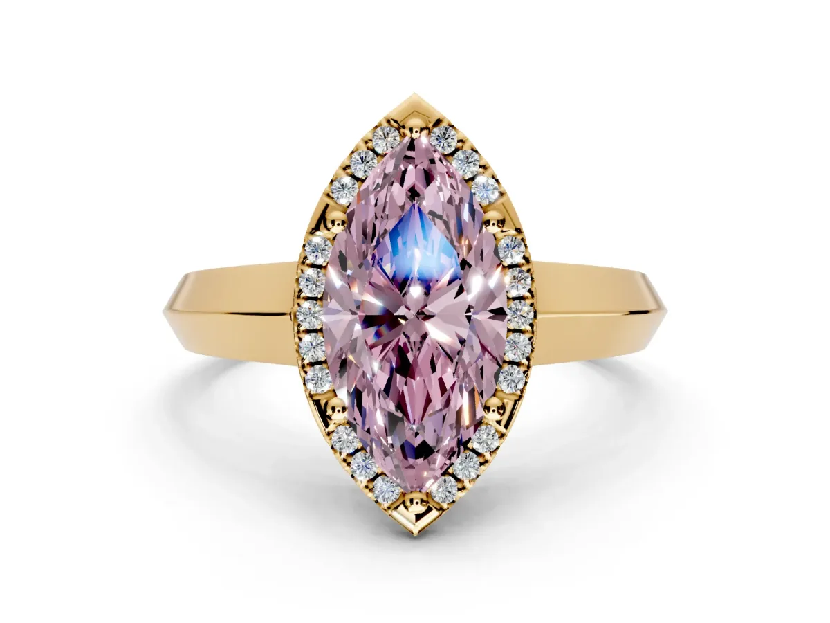 Halo Engagement Ring Setting for Fancy Pink Marquise Center with Knife Ridge Cathedral Band and Prong Head in Yellow Gold