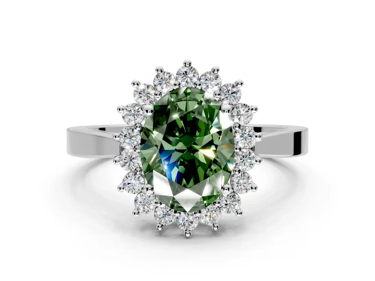 Starburst Halo Engagement Ring Setting for Fancy Green Oval Center with Flat Cathedral Band and Prong Head in Platinum