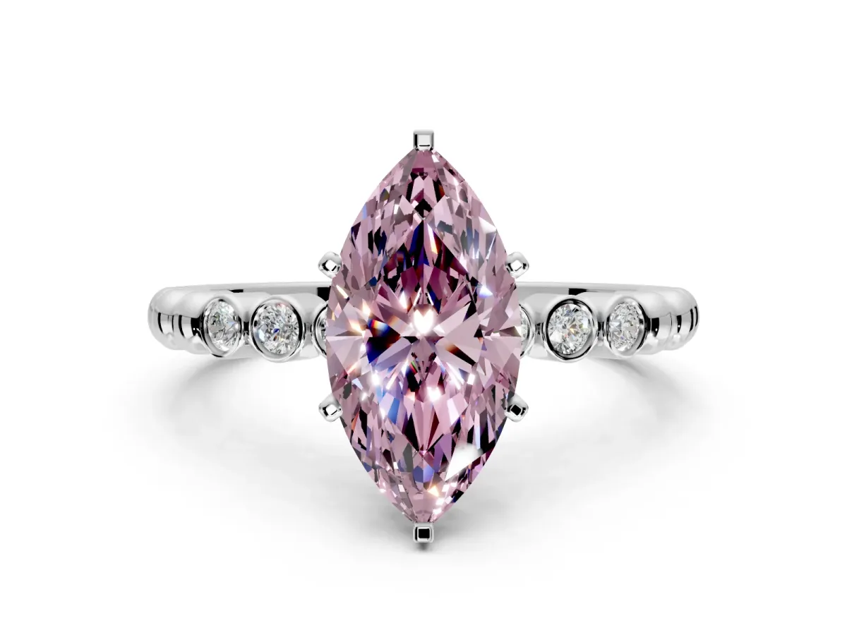 Solitaire Engagement Ring Setting for Fancy Pink Marquise Center with Bezel-Dot Beaded Band and Prong Head in Sterling Silver