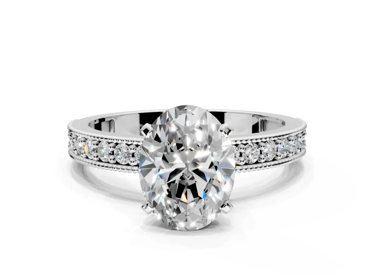 Milgrain Pave Engagement Ring Setting for Oval Center with Accent Band and Prong Head in Platinum