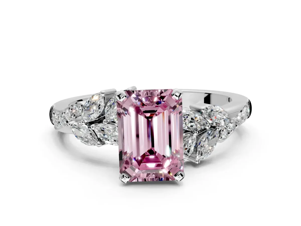 Solitaire Engagement Ring Setting for Fancy Pink Emerald Cut Center with Marquise Accent Twist Band and Prong Head in White Gold