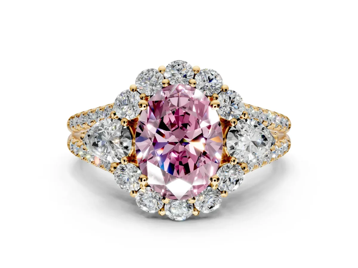Halo Engagement Ring Setting for Fancy Pink Oval Center with Two-Strand Split Shank and Prong Head in Yellow Gold