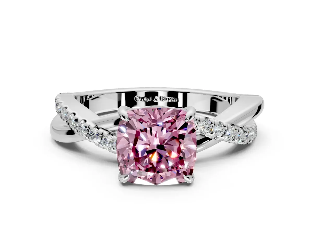Crossover Engagement Ring Setting for Fancy Pink Cushion Cut Center with Pave and Plain Strands and Prong Head in White Gold
