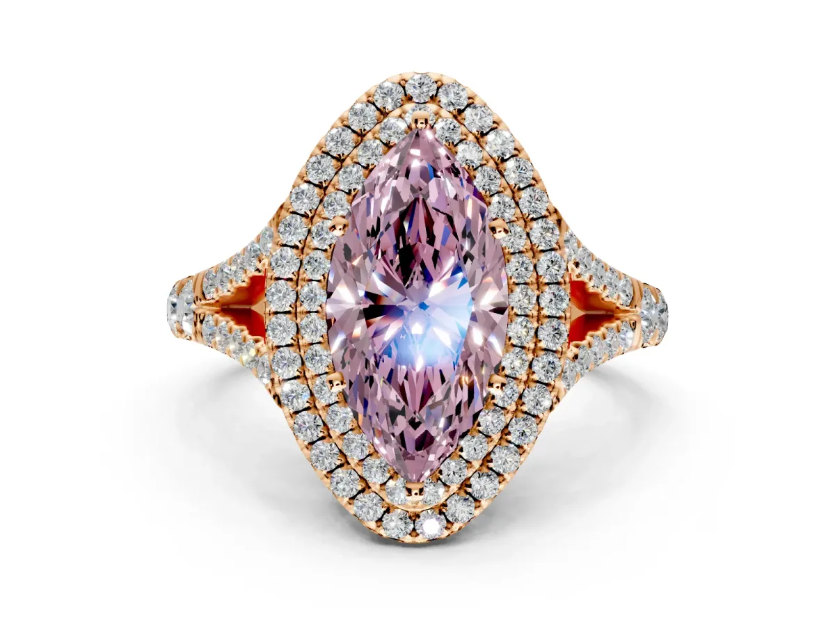 Double Halo Engagement Ring Setting for Fancy Pink Marquise Center with Narrow Pave Split Shank and Prong Head in Rose Gold