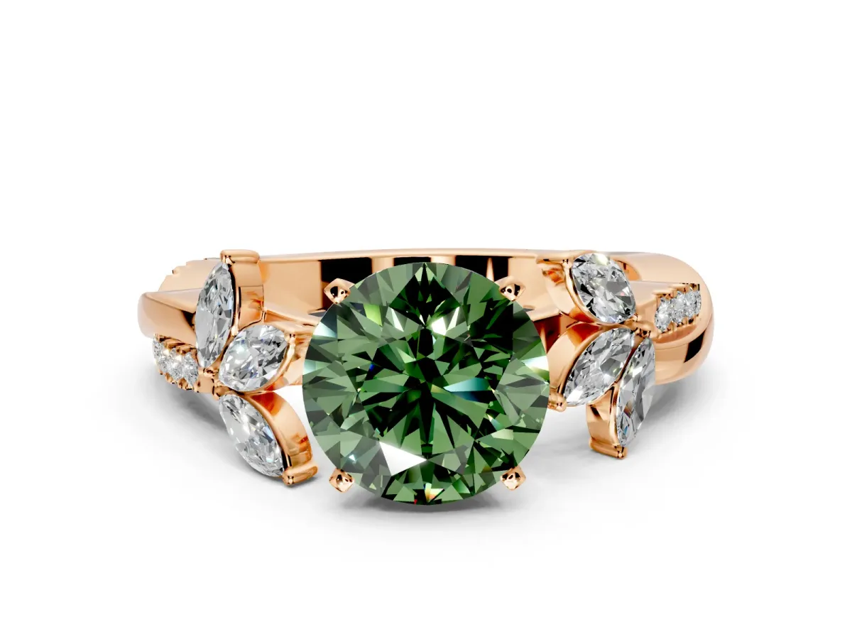 Floral Engagement Ring Setting for Fancy Green Round Cut Center with Trailing Marquise Accents and Prong Head in Rose Gold