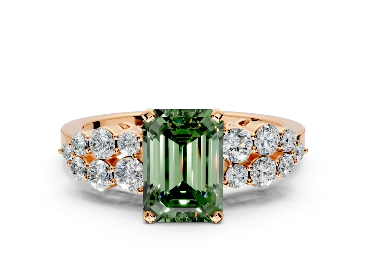 Cluster Engagement Ring Setting for Fancy Green Emerald Cut Center with 2-Row Shoulder Clusters and Prong Head in Rose Gold