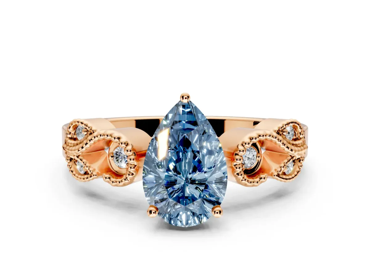 Leaf Engagement Ring Setting for Fancy Blue Pear-Shaped Center with Milgrain Accent Band and Prong Head in Rose Gold