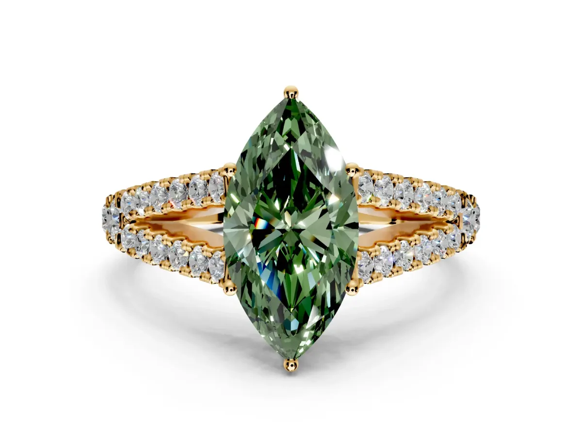 Solitaire Engagement Ring Setting for Fancy Green Marquise Center with Pave Split Shank and Prong Head in Yellow Gold
