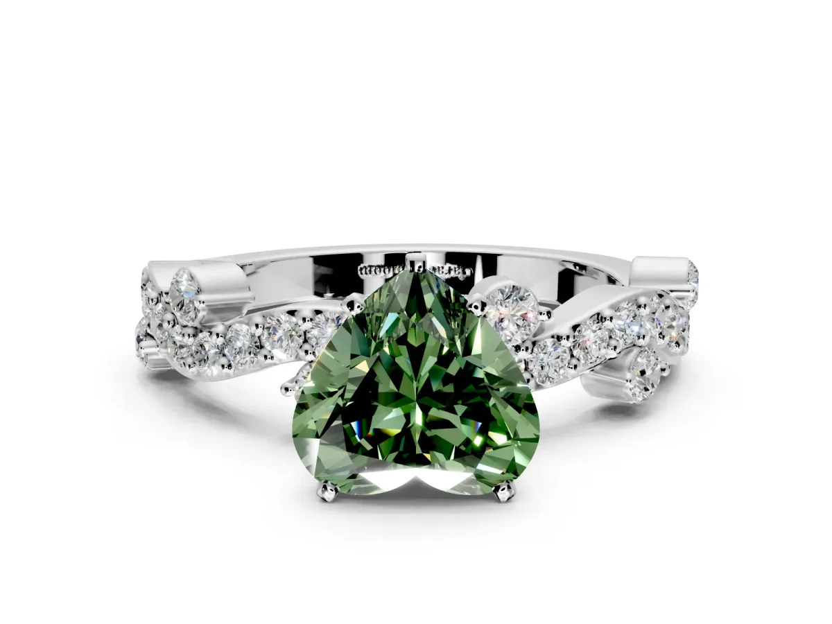Solitaire Engagement Ring Setting for Fancy Green Heart-Shaped Center with Bar-Station Pave Twist and Prong Head in Platinum