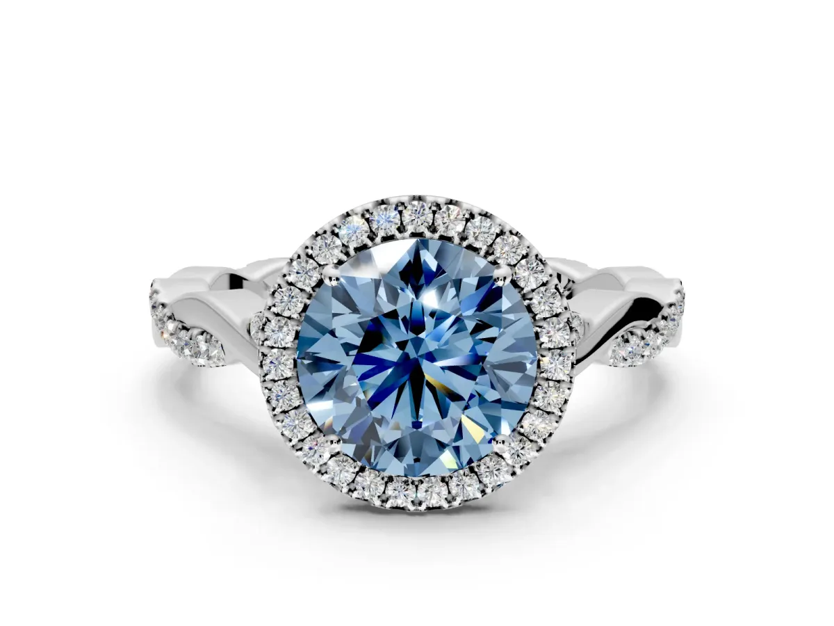 Halo Engagement Ring Setting for Fancy Blue Round Cut Center with Twist Band and Prong Head in Sterling Silver