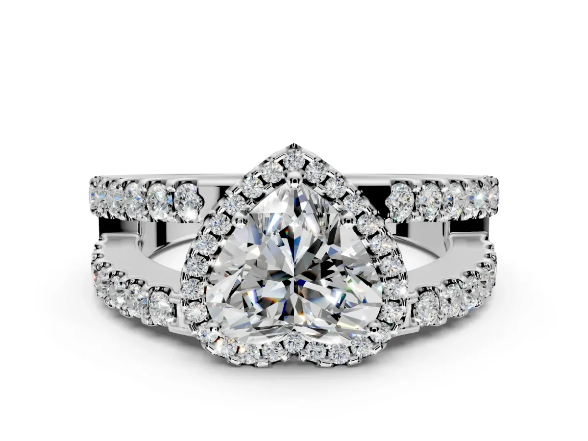 Halo Engagement Ring Setting for Heart-Shaped Center with Wide-Open Pave Split Shank and Prong Head in White Gold