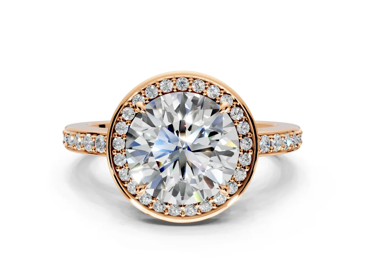 Halo Engagement Ring Setting for Round Cut Center with Metal-Rimmed Halo, Pave Band and Prong Head in Rose Gold