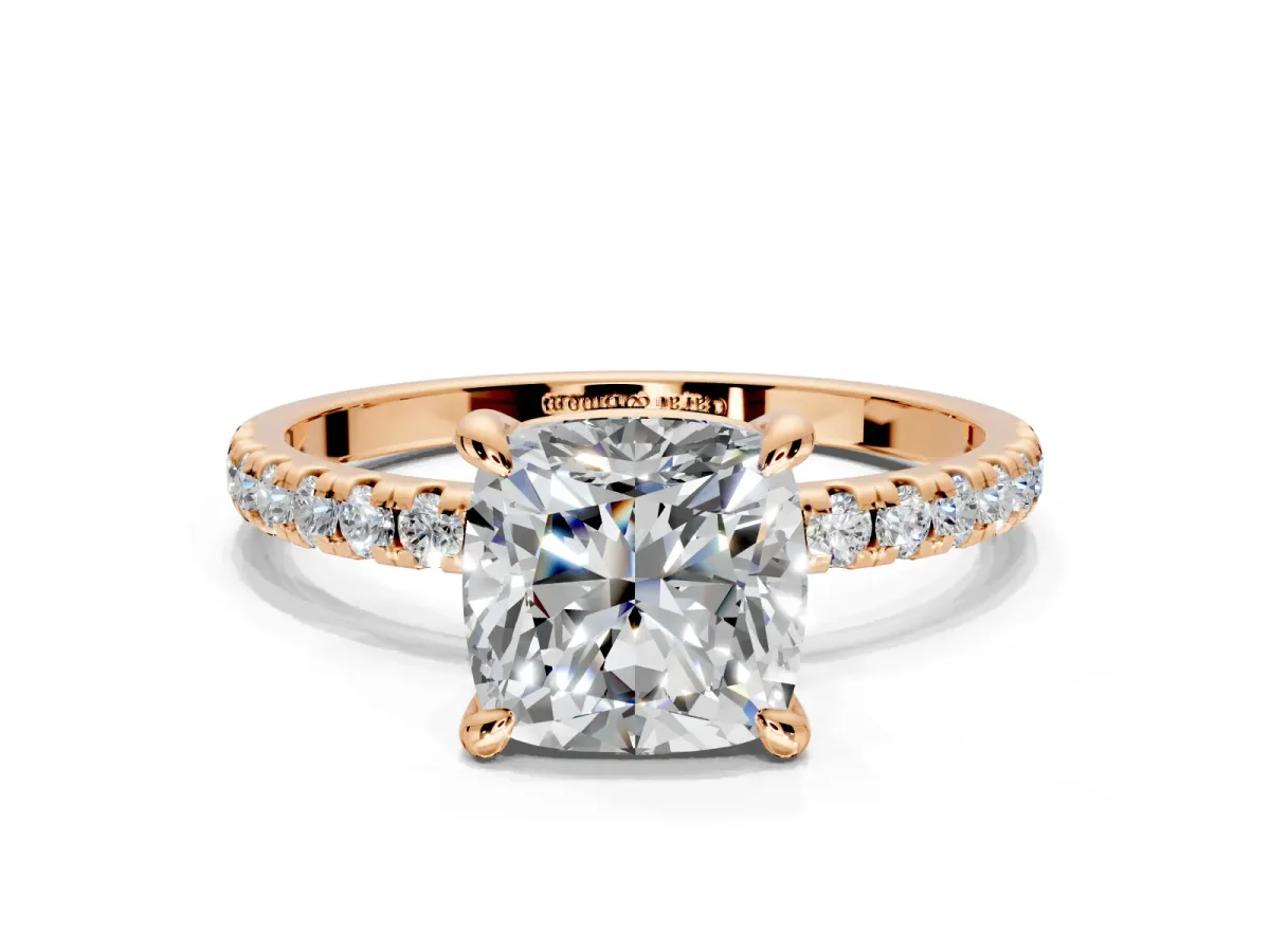 Solitaire Engagement Ring Setting for Cushion Cut Center with Fine Pave Narrow Band and Prong Head in Rose Gold