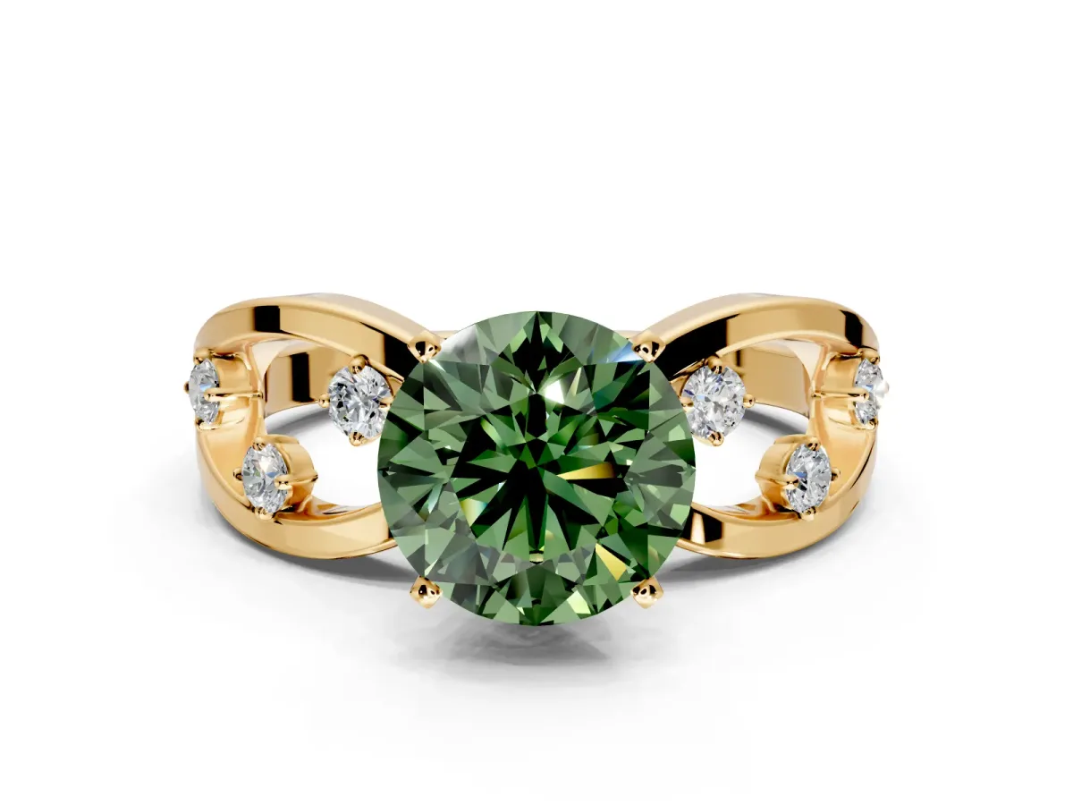 Solitaire Engagement Ring Setting for Fancy Green Round Cut Center with Criss-Cross Accent Band and Prong Head in Yellow Gold
