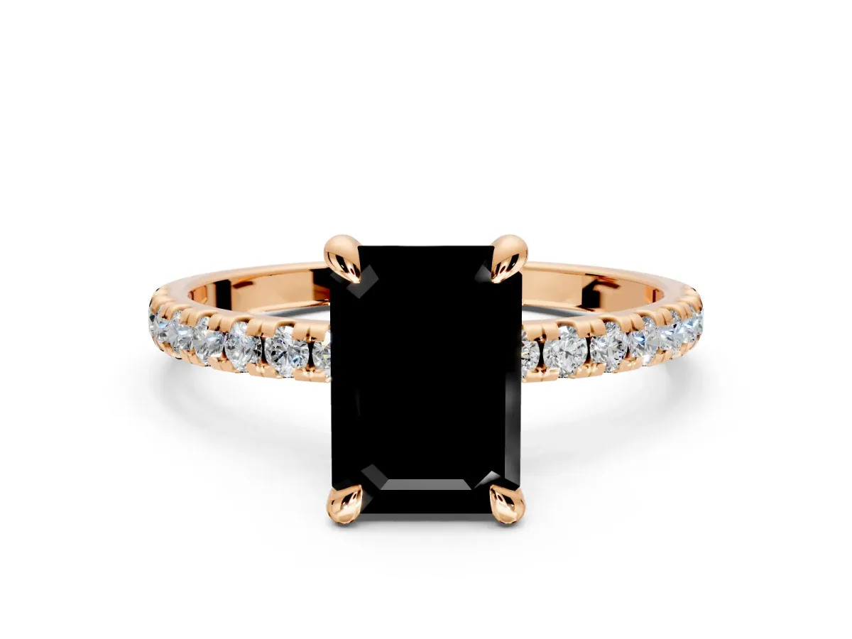 Solitaire Engagement Ring Setting for Fancy Black Emerald Cut Center with Fine Pave Narrow Band and Prong Head in Rose Gold