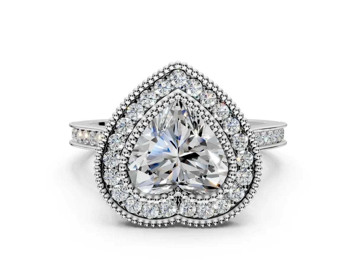 Halo Engagement Ring Setting for Heart-Shaped Center with Milgrain Frame, Pave Band and Prong Head in White Gold
