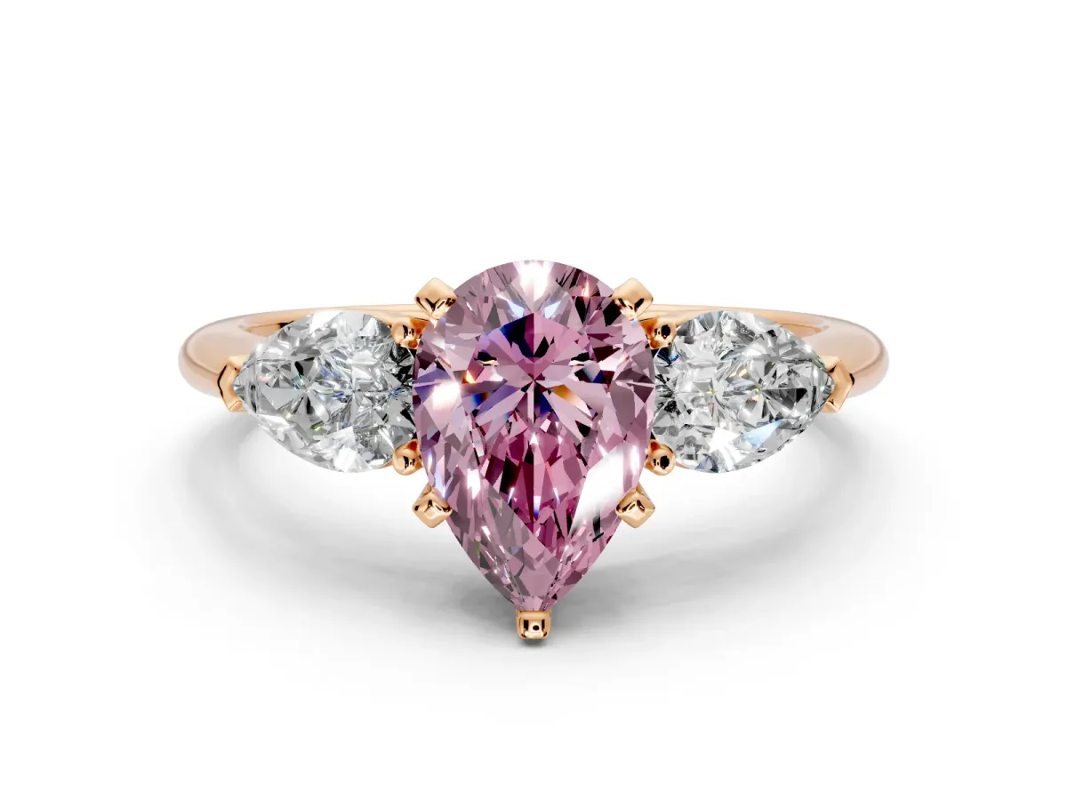 3 Stone Engagement Ring Setting for Fancy Pink Pear-Shaped Center with Large Pear-Shaped Accents and Prong Head in Rose Gold