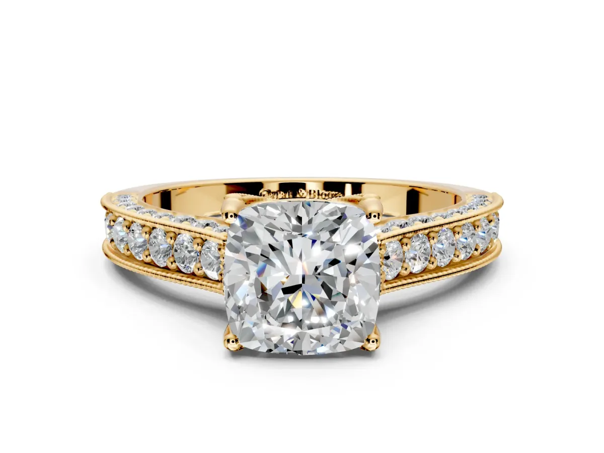 Solitaire Engagement Ring Setting for Cushion Cut Center with Milgrain-Framed Pave Band and Prong Head in Yellow Gold
