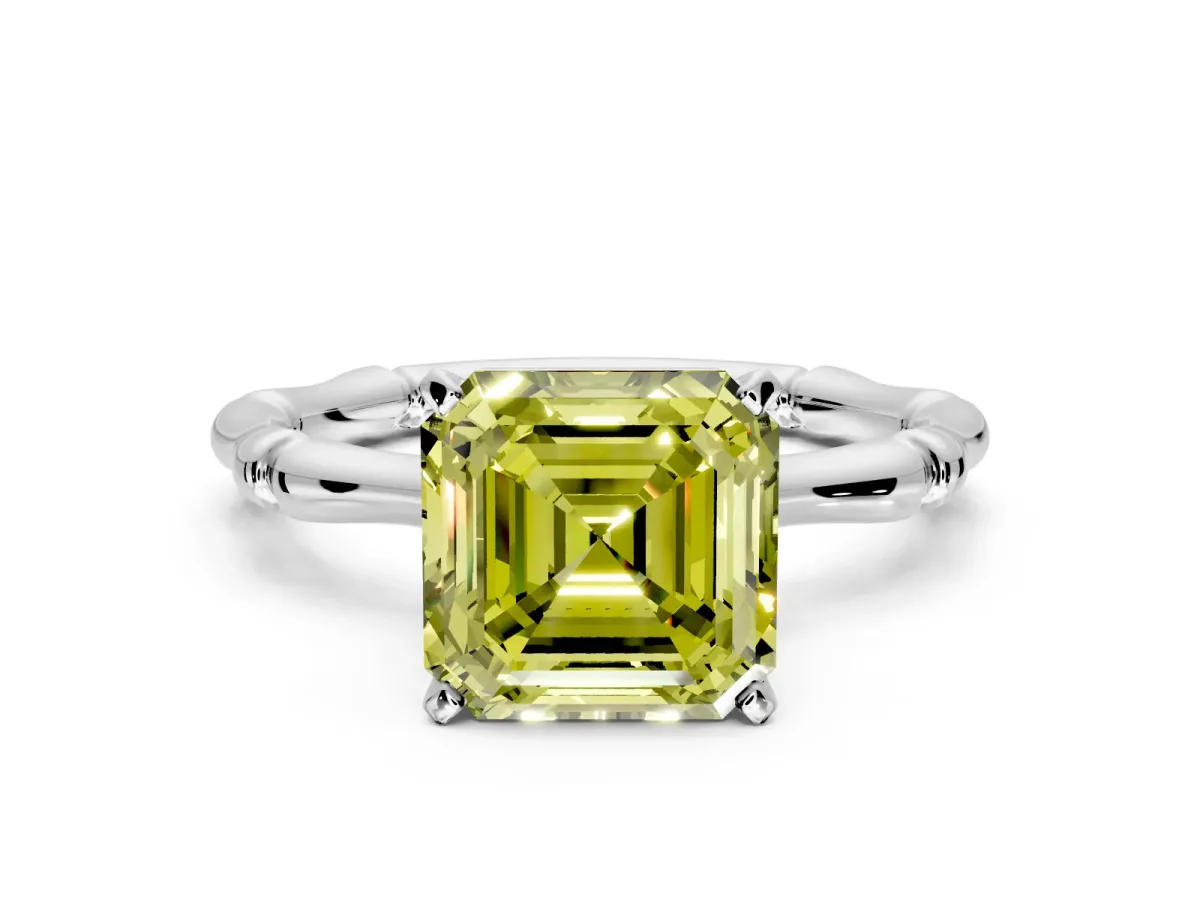 Solitaire Engagement Ring Setting for Fancy Yellow Asscher Cut Center with Bamboo Band and Prong Head in Platinum