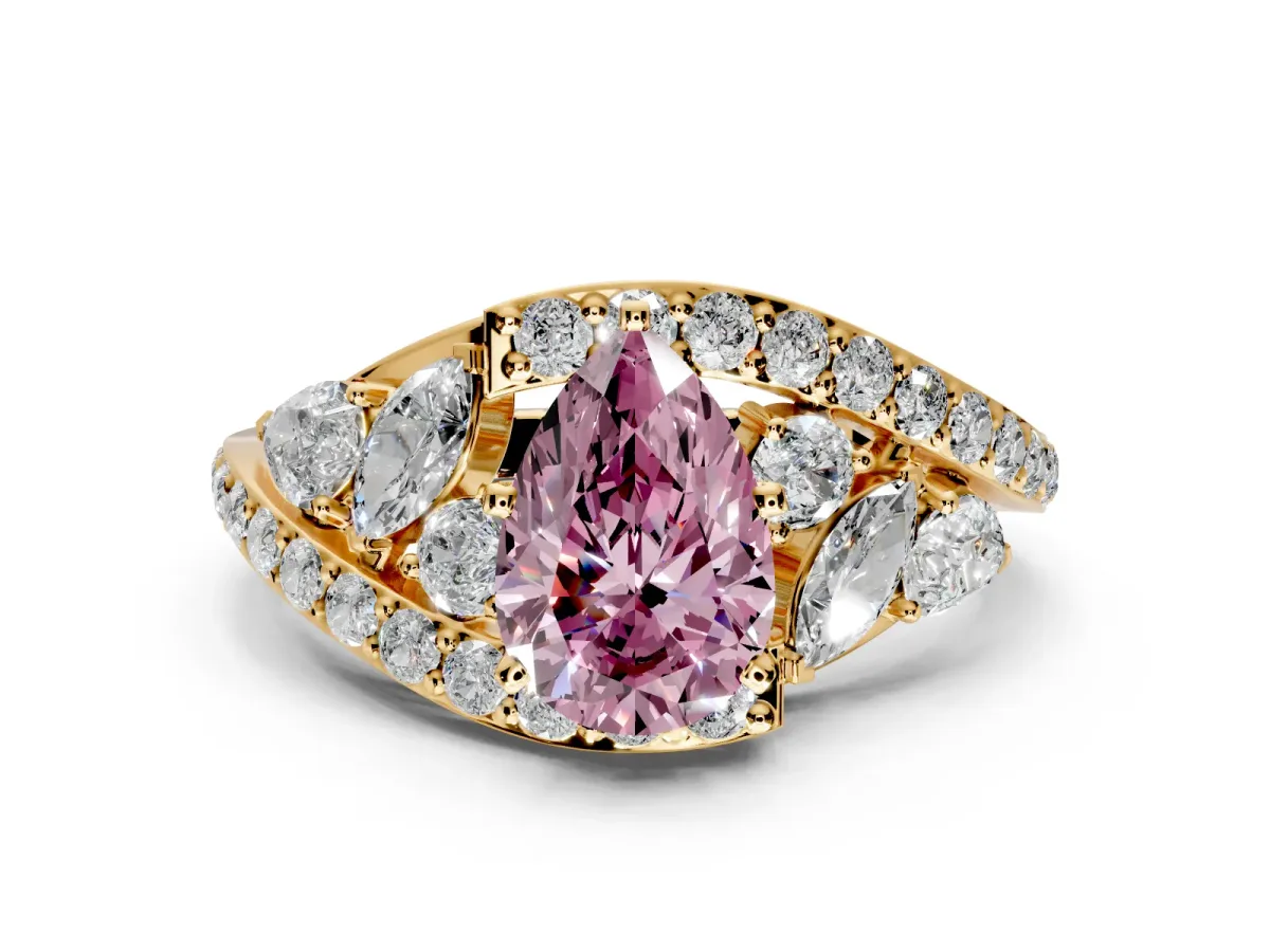 Halo Engagement Ring Setting for Fancy Pink Pear-Shaped Center with Marquise and Pave Bypass Band and Prong Head in Yellow Gold
