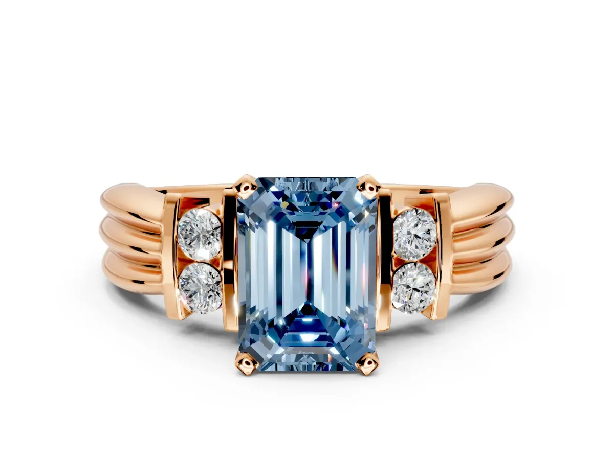 Solitaire Engagement Ring Setting for Fancy Blue Emerald Cut Center with Grooved Bar Accent Band and Prong Head in Rose Gold