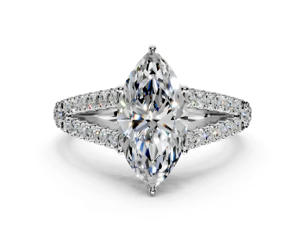 Solitaire Engagement Ring Setting for Marquise Center with Pave Split Shank and Prong Head in Platinum